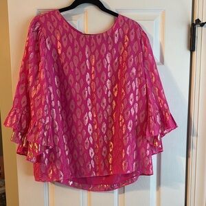 Lilly Pulitzer FRANCIS FLOUNCE SLEEVE SILK TOP Raz Berry Leopard Metallic